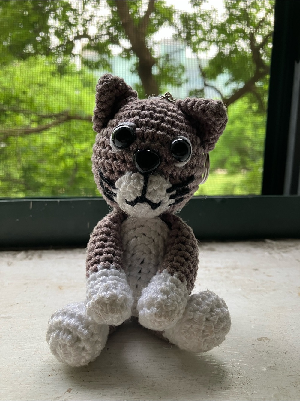 Crochet Cat Keychain in Gray and White